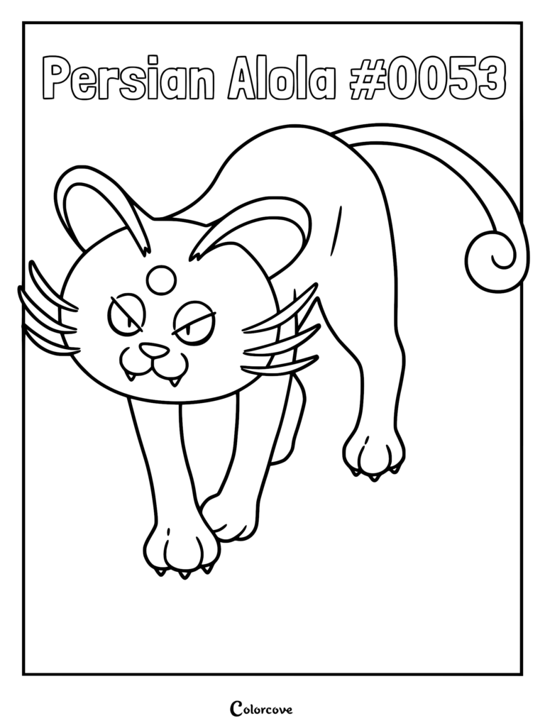Alolan Persian with a round head and curled tail in a printable coloring page format.