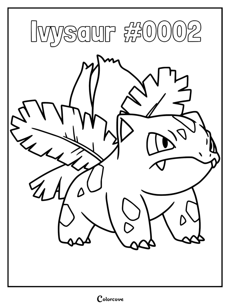 Ivysaur #0002 with a large plant bulb on its back in a printable coloring page format.