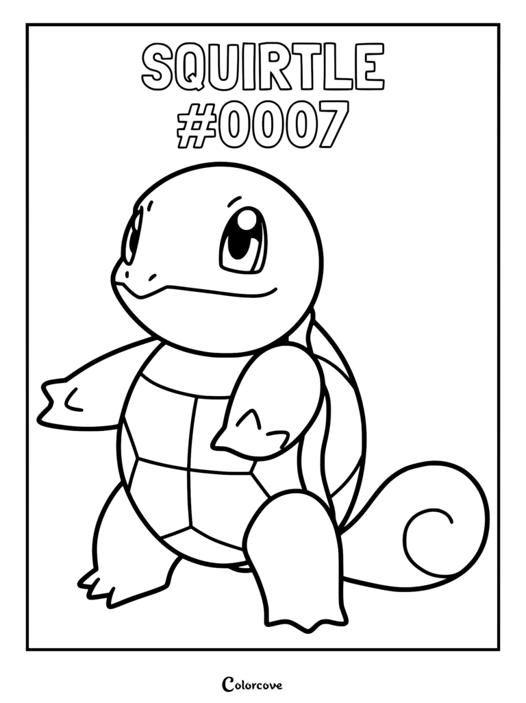Squirtle standing in a friendly pose on a printable coloring page with the text Squirtle #0007 above it.