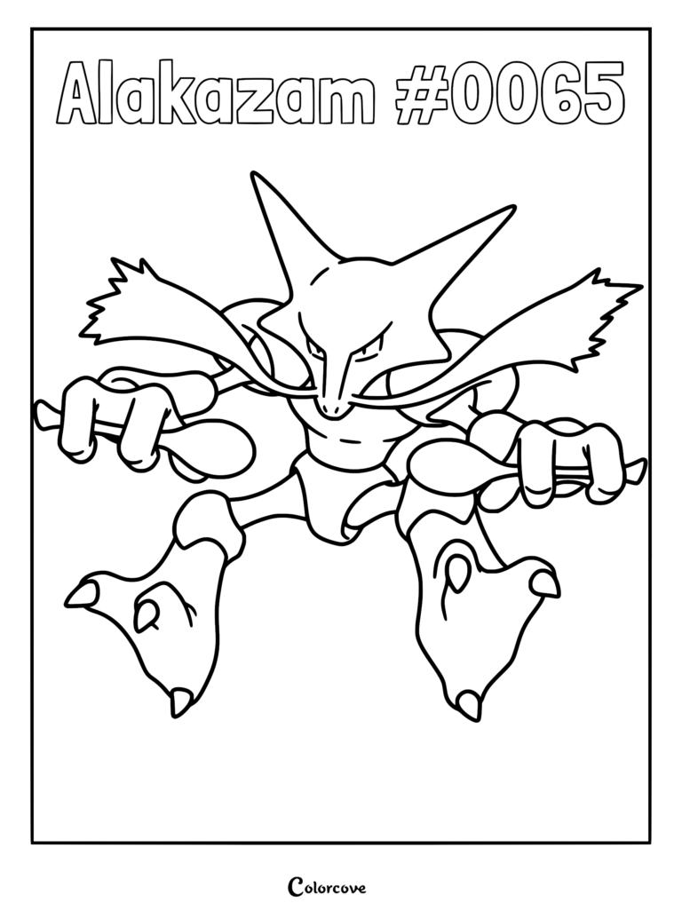 Alakazam holding two silver spoons in a dynamic pose, printable coloring page.