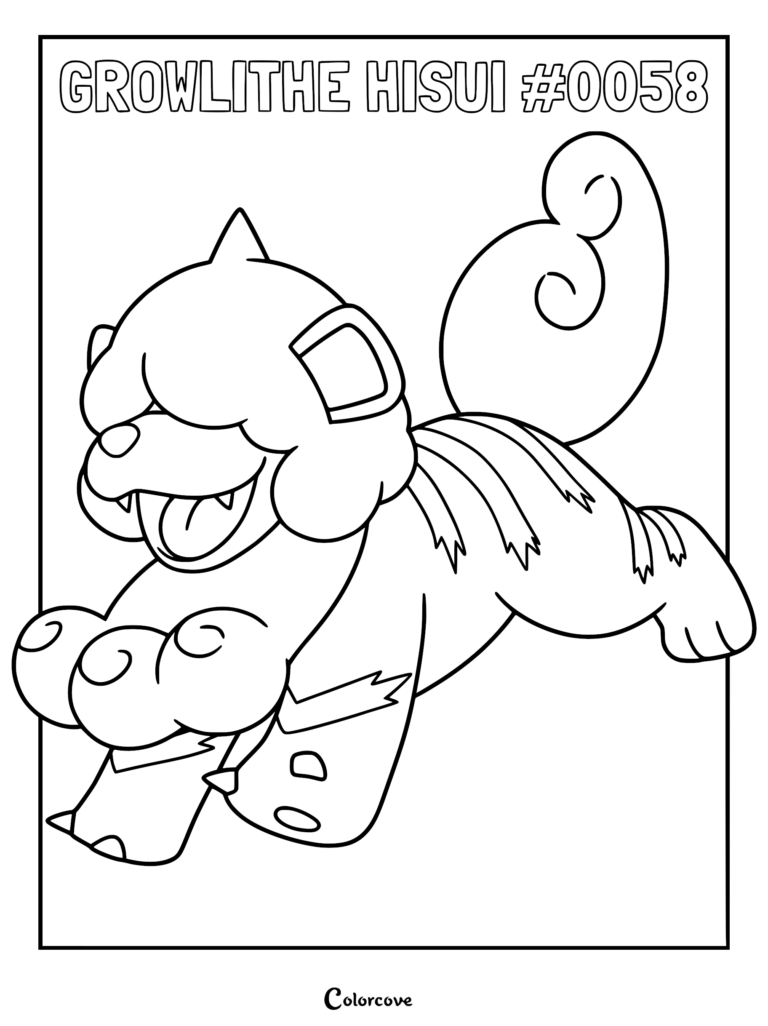 Hisuian Growlithe with fluffy fur and stone-like mane in a dynamic running pose on a printable coloring page.