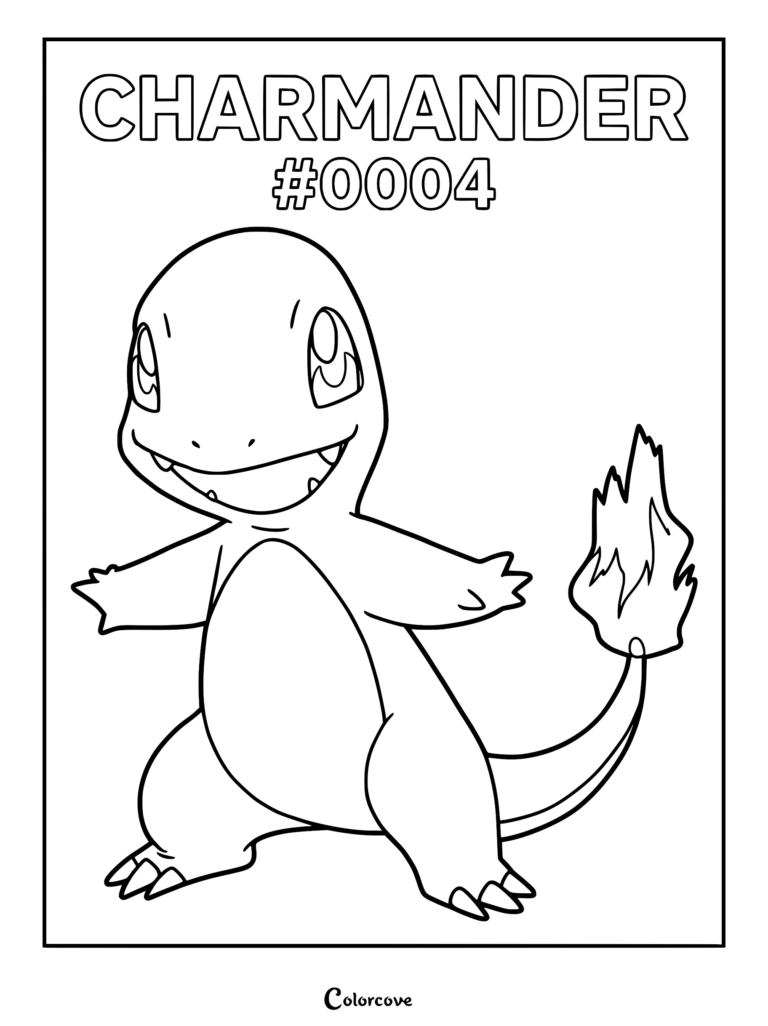 Charmander #0004 standing with a flaming tail in this printable Pokemon Kanto coloring page.