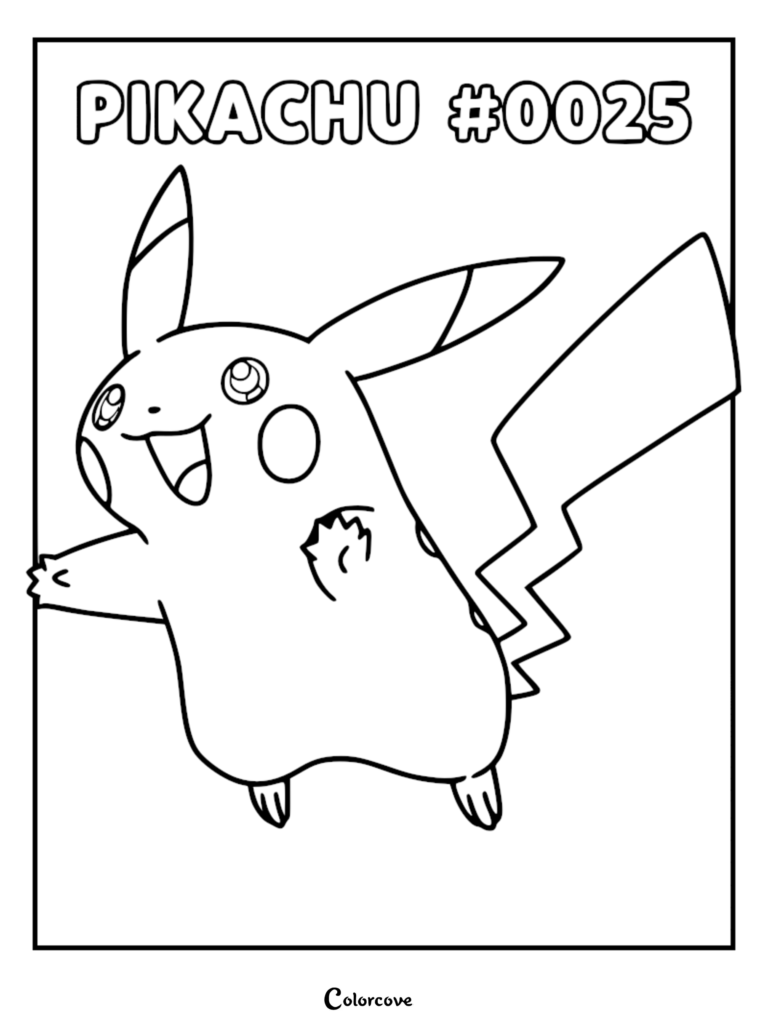 A printable coloring page featuring Pikachu #0025 with its signature lightning bolt tail and happy expression.
