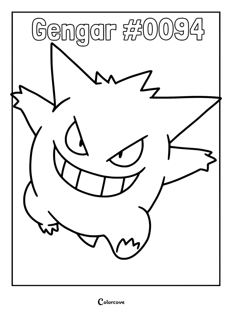 A printable coloring page featuring Gengar with a wide, mischievous grin and spiky ears.