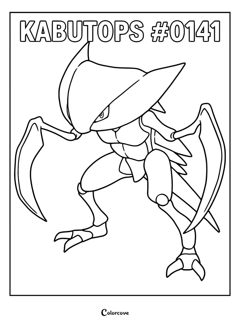 Kabutops standing in a defensive stance with sharp scythe arms on a printable coloring page.