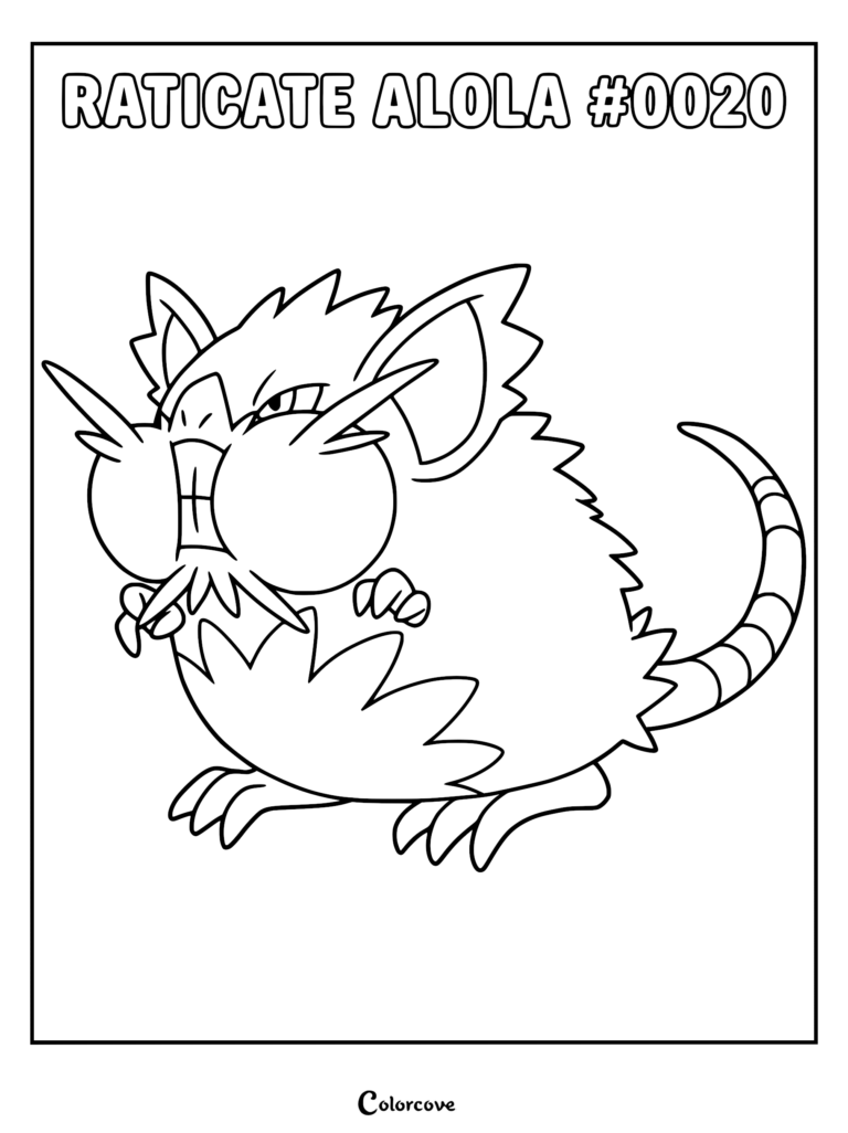 A printable coloring page featuring Alolan Raticate with its signature chubby cheeks and large front teeth.