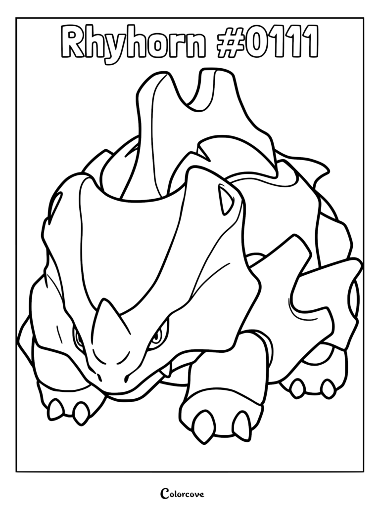 A detailed line art coloring page of the Kanto Pokemon Rhyhorn standing in a sturdy pose.