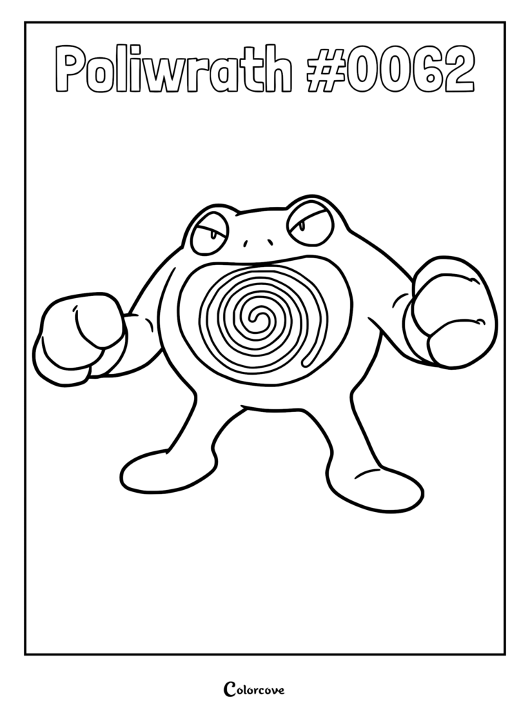 Poliwrath standing in a battle-ready stance with its signature spiral belly pattern on this printable coloring page.