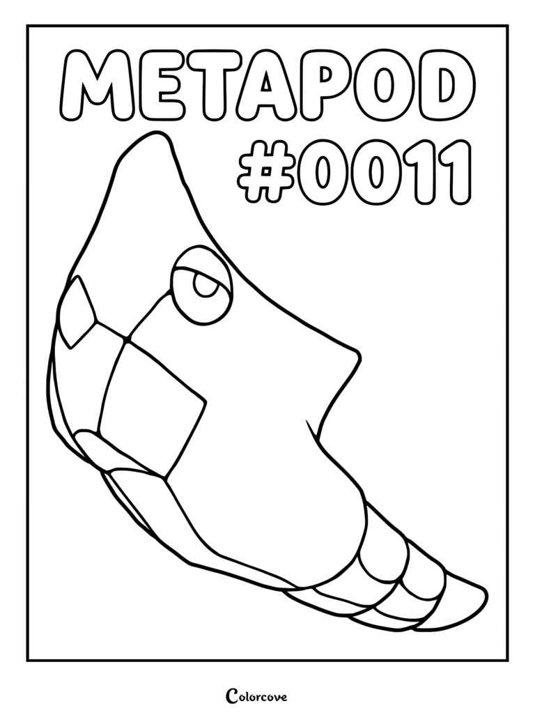 A printable Metapod coloring page featuring the Kanto Pokemon #0011 with its distinct segmented shell and single eye.