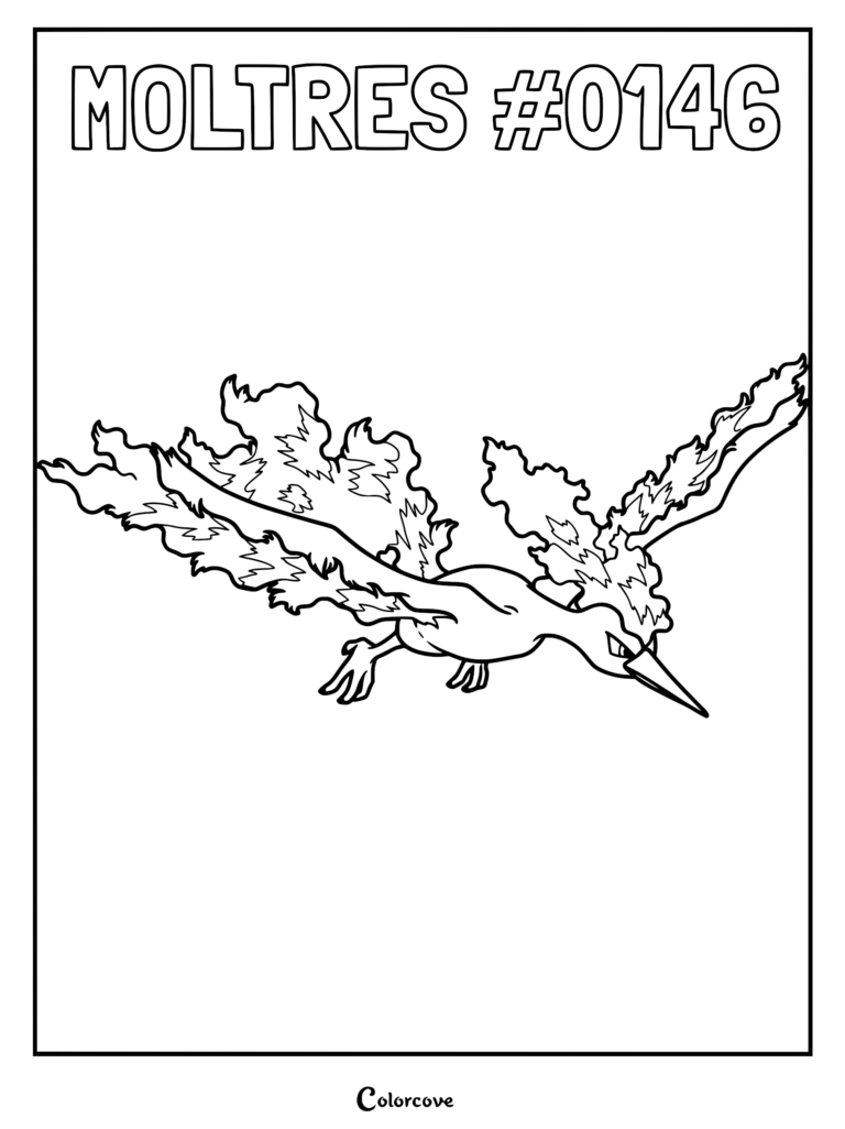 Moltres #0146 flying with large flame-like wings in a printable coloring page.
