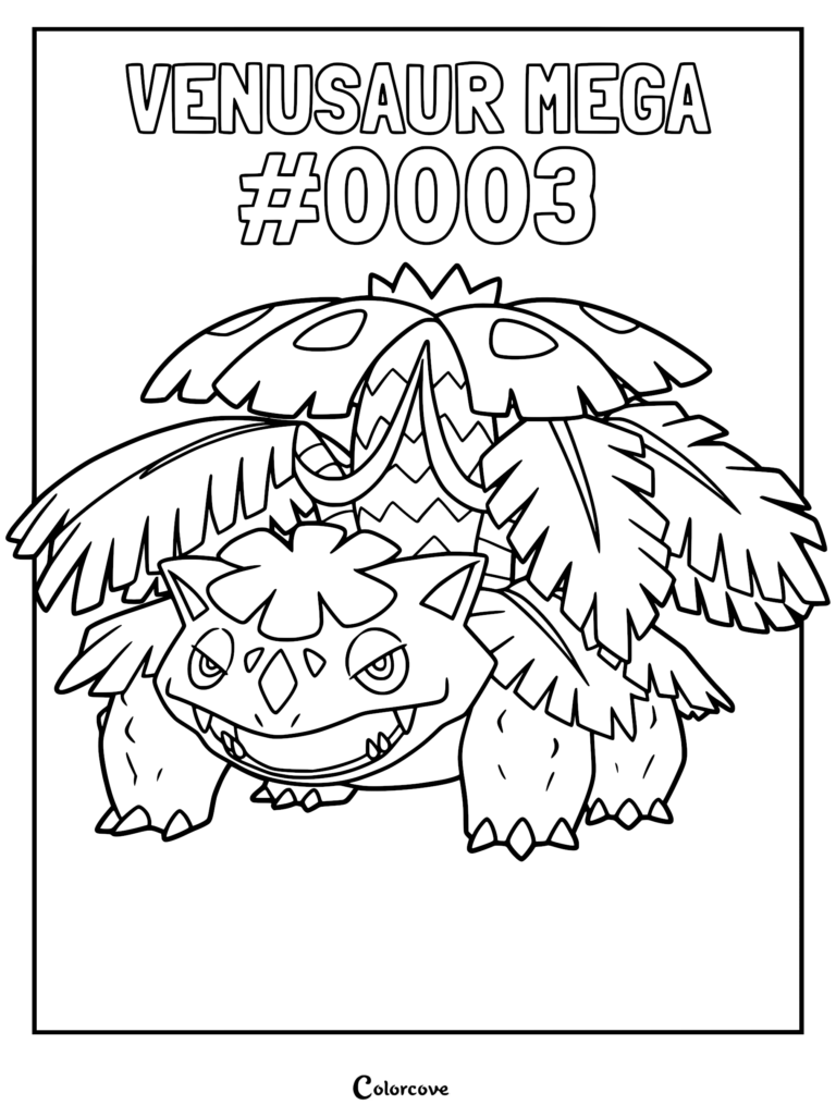 Mega Venusaur with a large flower on its back in this printable coloring page.