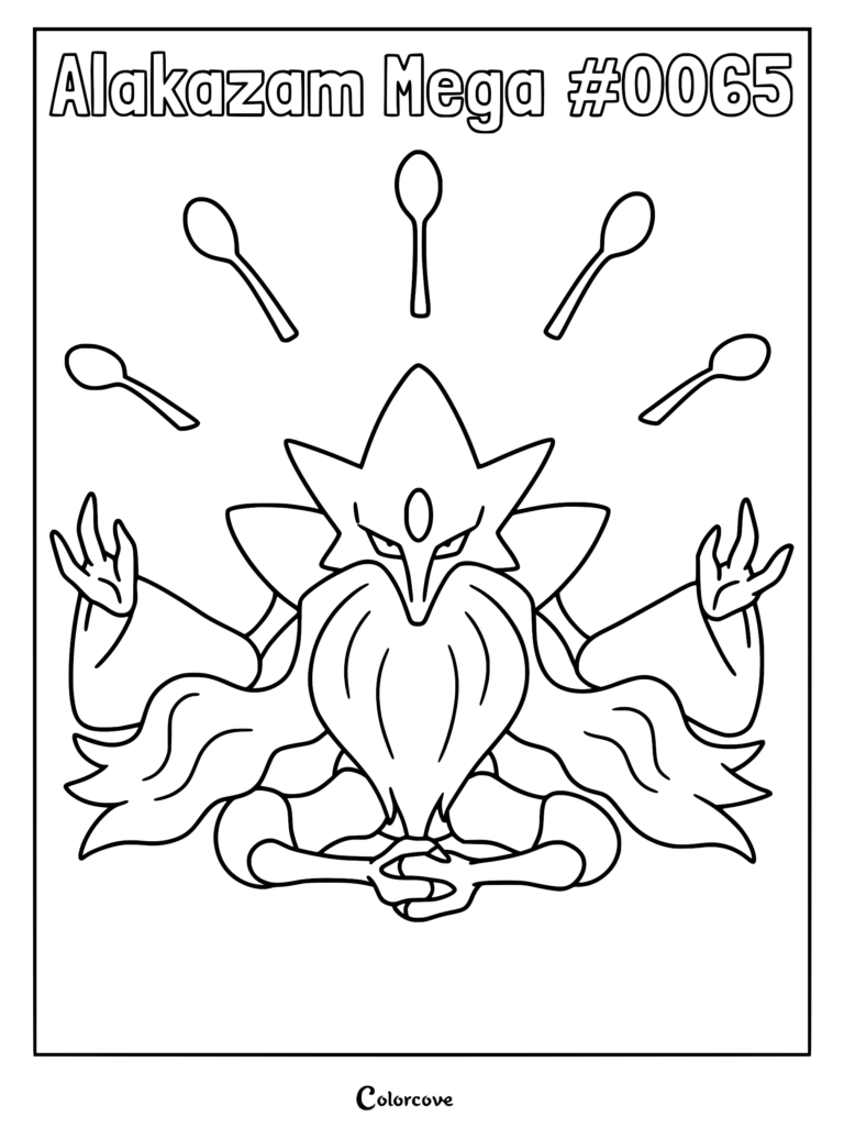 Mega Alakazam with a long beard and floating spoons in this printable coloring page.