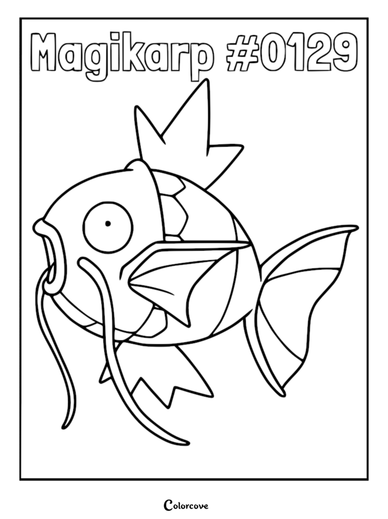 A printable coloring page featuring Magikarp #0129 with its iconic crown-like dorsal fin and long whiskers.