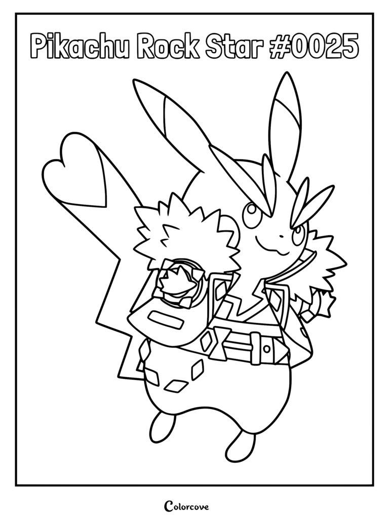 Pikachu Rock Star wearing a studded jacket and spiked collar in this detailed coloring page.