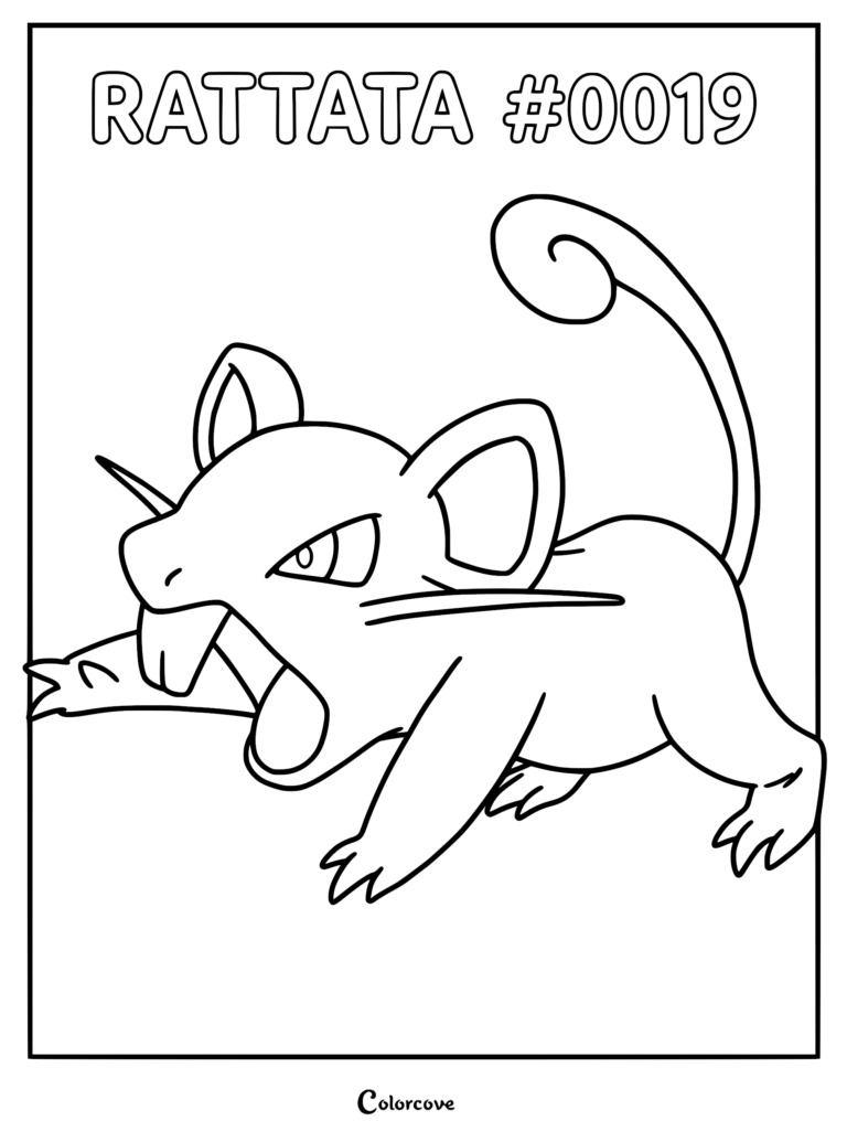 A black and white line art coloring page of Rattata #0019 with its mouth open and tail curled up.