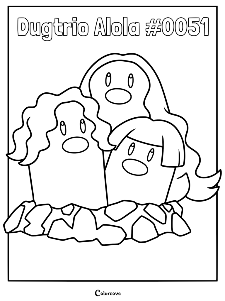 Alolan Dugtrio with flowing golden hair emerging from rocky ground in this printable coloring page.
