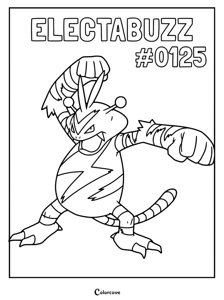 Electabuzz #0125 in a dynamic fighting pose for a printable coloring page.