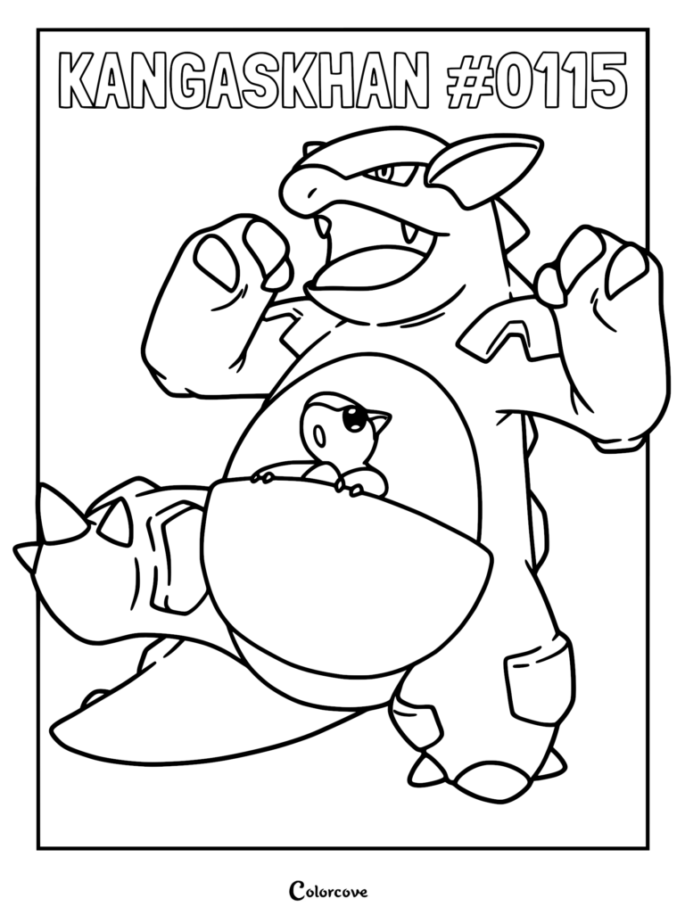 Kangaskhan with its baby in its pouch, detailed line art coloring page.