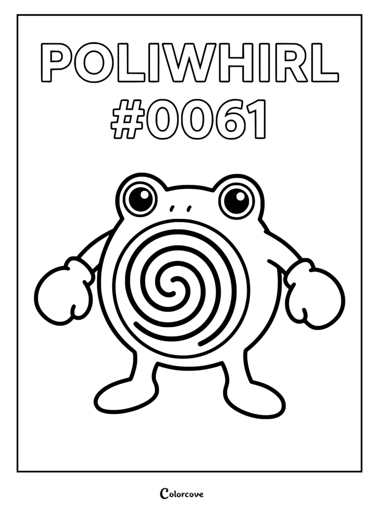 A printable coloring page featuring the Kanto Pokemon Poliwhirl with its signature belly spiral and rounded gloves.
