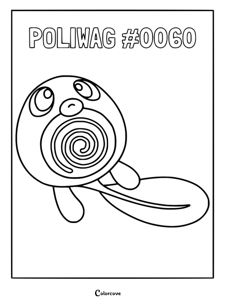 A simple line art coloring page of Poliwag featuring its signature belly spiral and long tail.