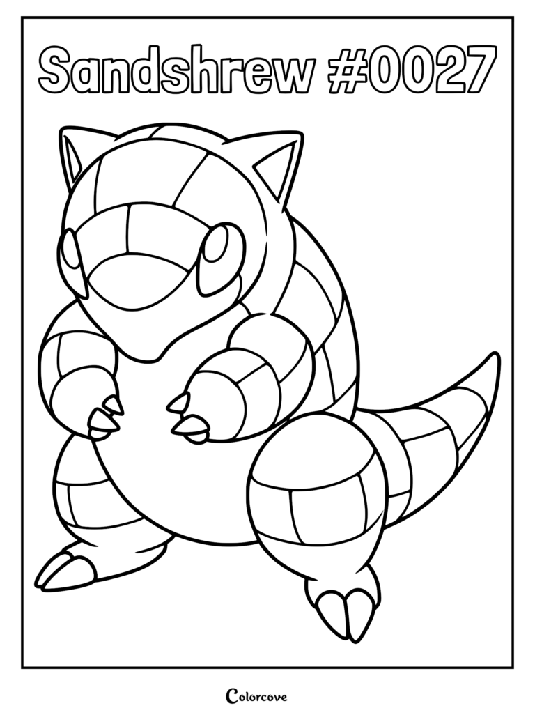 A clean line art coloring page of the Kanto Pokemon Sandshrew, showing its segmented armor and pointed tail.