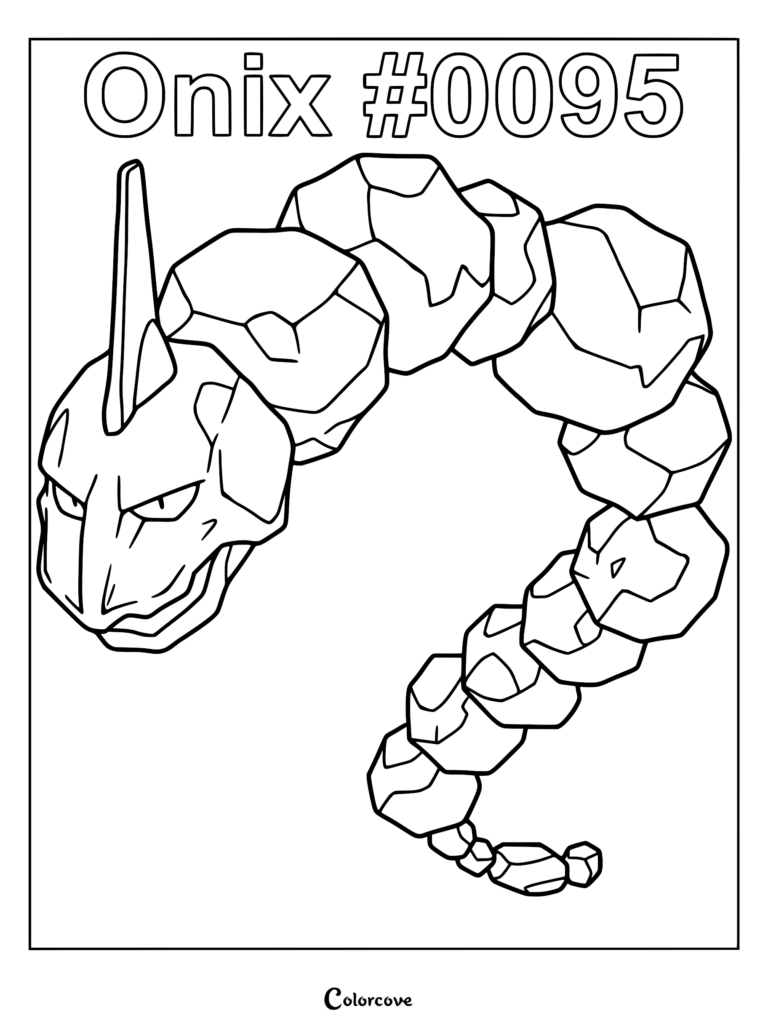 A printable coloring page featuring the rock-type Pokemon Onix with its segmented stone body and sharp head crest.