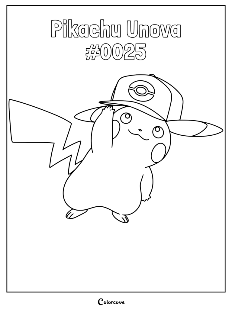 Pikachu Unova wearing a trainer cap, line art coloring page.