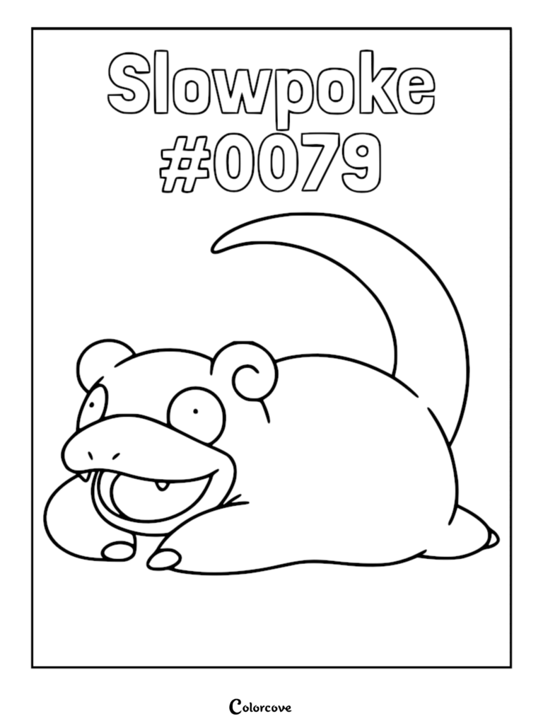 A printable coloring page featuring Slowpoke #0079 with its signature curled tail and vacant expression.