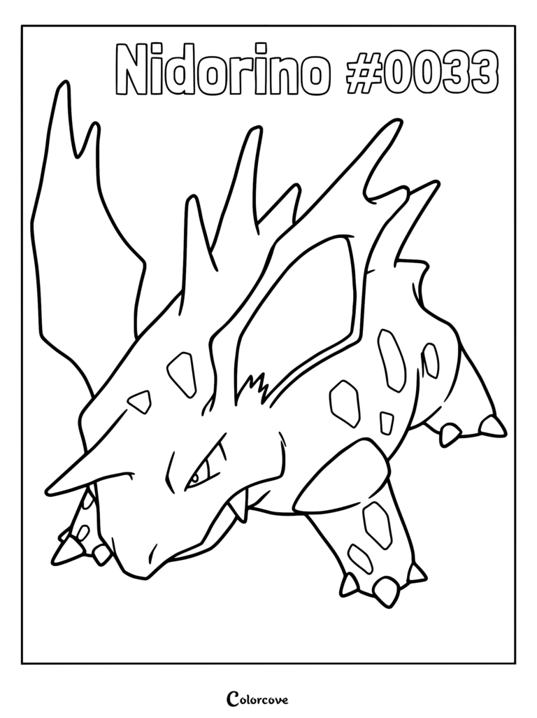 A detailed line art coloring page of Nidorino with its signature spikes and horn, featuring the text Nidorino #0033 at the top.