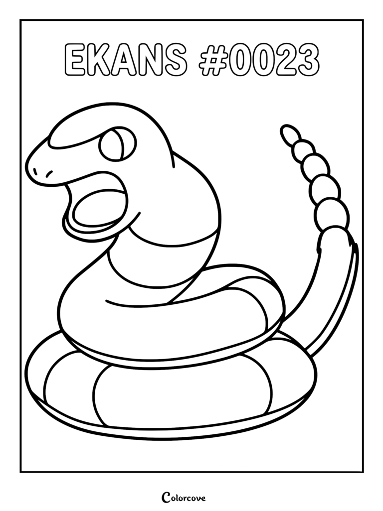 A printable coloring page featuring Ekans with its mouth open and tail raised in a coiled pose.