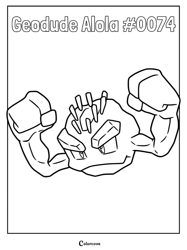 Alolan Geodude with magnetic iron spikes on its head and muscular arms in this printable coloring page.