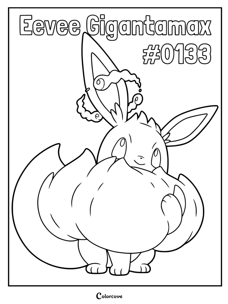 Gigantamax Eevee with fluffy collar and cloud ears coloring page