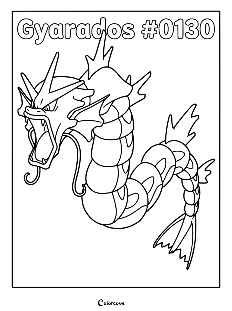 Gyarados Pokemon Kanto coloring page featuring the serpentine water type with open mouth and crown-like fins.