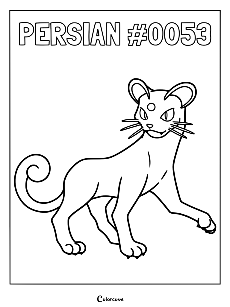 A printable coloring page featuring the Kanto Pokemon Persian with its signature forehead jewel and curled tail.