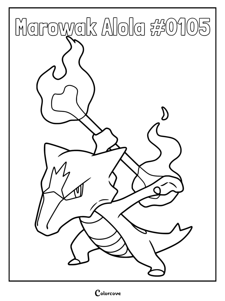 Alolan Marowak holding a flaming bone staff in this printable coloring page.