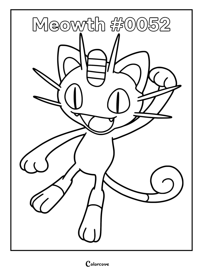 Meowth #0052 standing with a raised arm in this printable coloring page