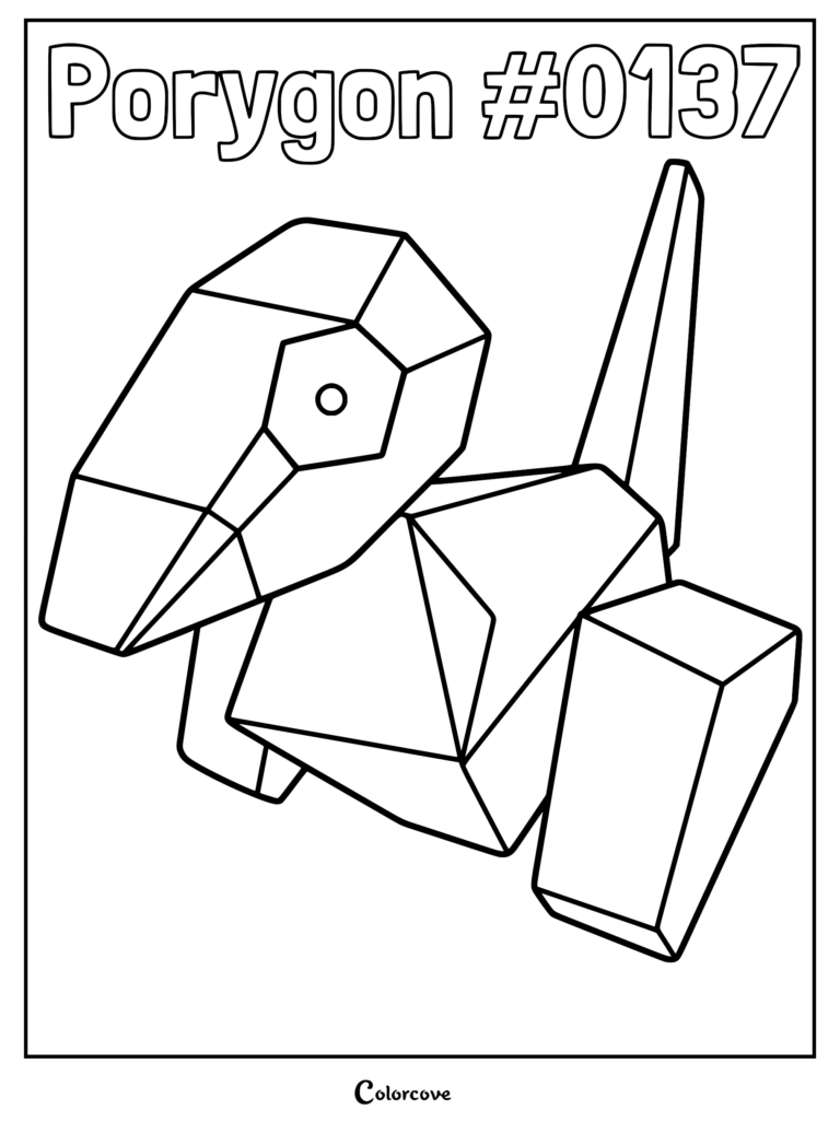 A geometric Porygon character line art coloring page with sharp angles and polygonal features.