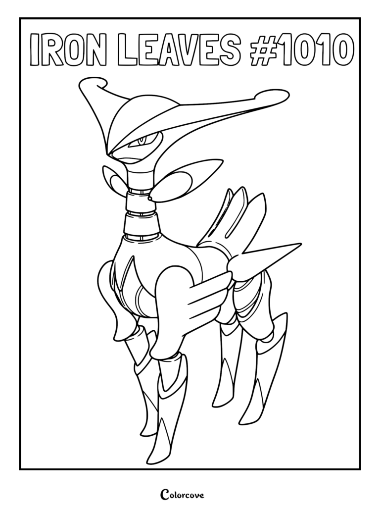 Iron Leaves coloring page featuring the robotic Paradox Pokémon standing in a sharp, angular pose with its signature blade-like head crest.