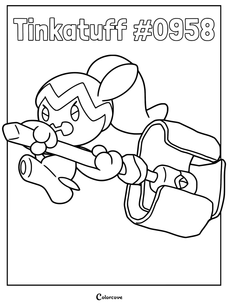 Tinkatuff holding a large metal hammer, line art coloring page of the Paldea region Pokémon.