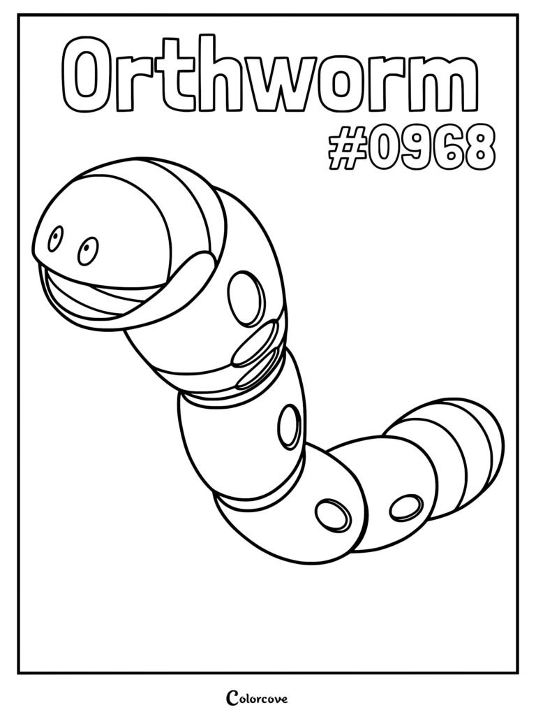 Orthworm Pokémon coloring page featuring the segmented, worm-like creature with a smiling face and circular body markings.