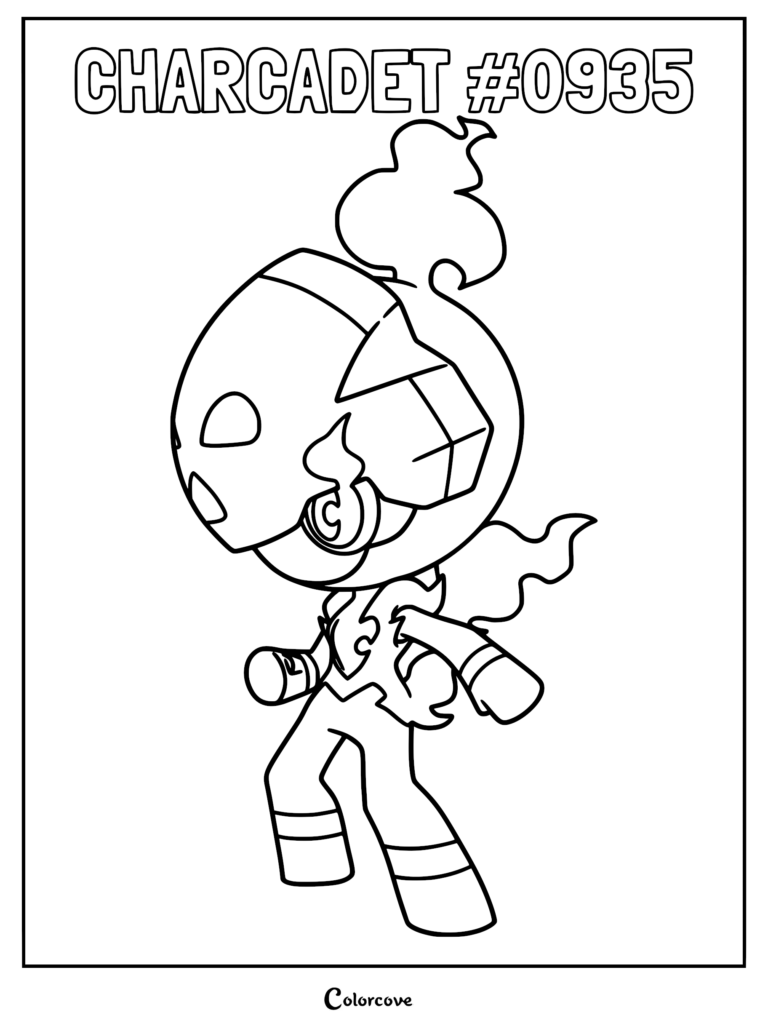 Charcadet Pokémon coloring page featuring the fire-type creature with its signature helmet and flame-shaped head crest.