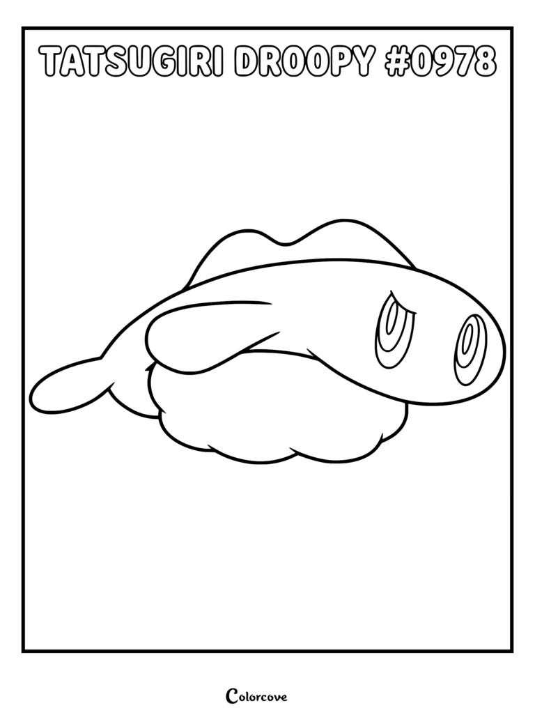 A printable coloring page featuring the sushi-shaped Pokémon Tatsugiri in its Droopy Form with its signature drooping fin.