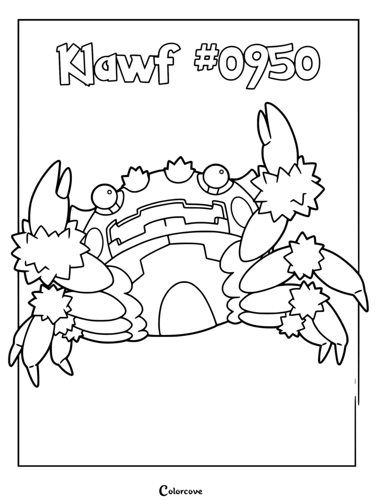 Klawf #0950 from Paldea region, a crab-like Pokémon with large claws and spiky joints, featured in a clean line art coloring page.