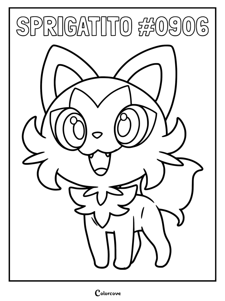 A printable coloring page featuring the Grass-type Pokémon Sprigatito with large eyes and a leaf-shaped collar.