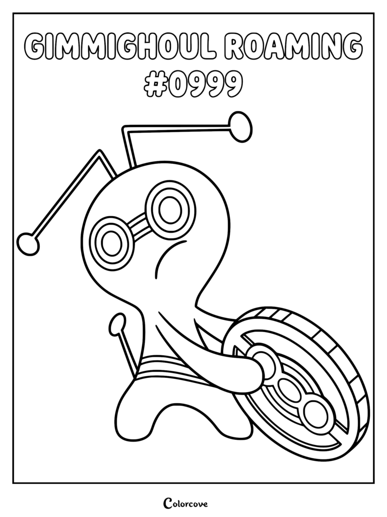 A printable coloring page featuring Gimmighoul Roaming Form holding a large gold coin with its signature antennae and eye markings.
