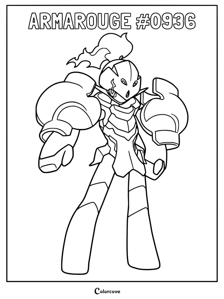 Armarouge coloring page featuring the Fire-type Paldea Pokémon with its signature shoulder cannons and helmet crest.