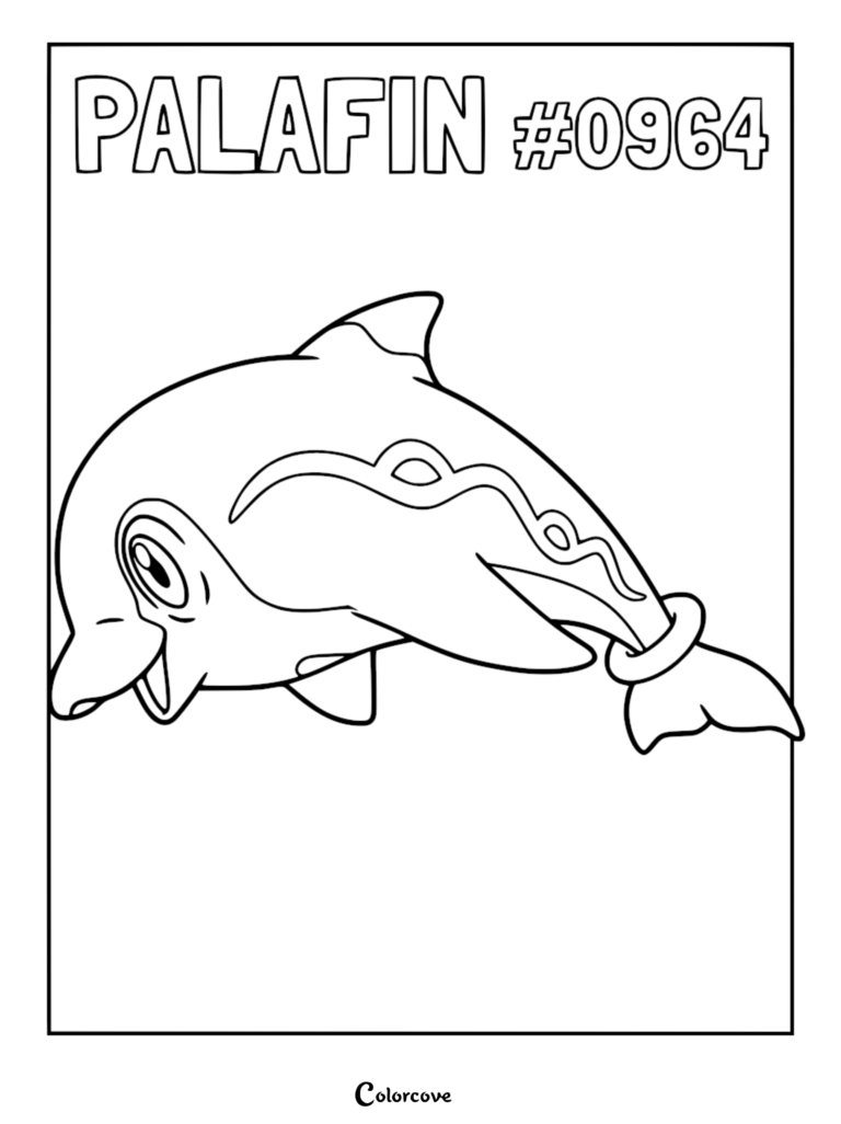 A printable coloring page featuring Palafin, the dolphin Pokémon, with its signature wavy markings and tail ring, rendered in clean black and white line art.