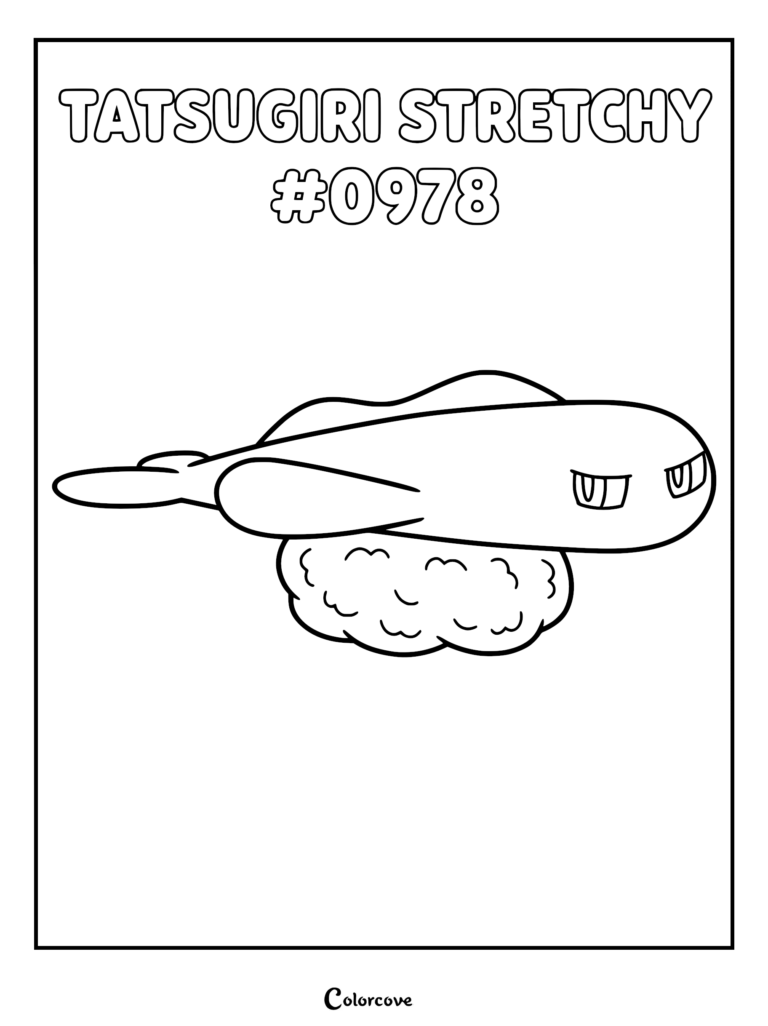 A printable coloring page featuring the Stretchy Form of Tatsugiri, the sushi-like Paldea Pokémon, with bold outlines.
