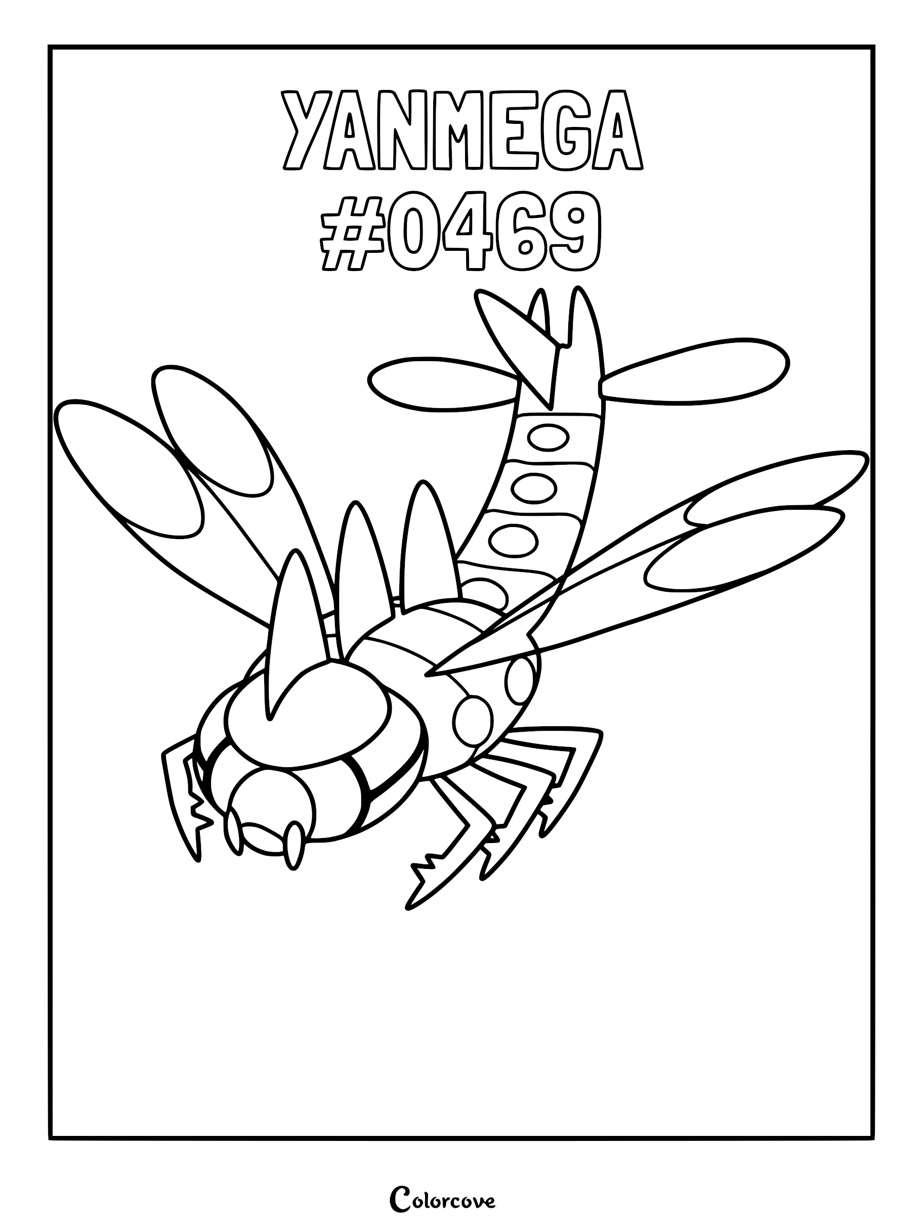 Yanmega #0469 Pokemon Sinnoh coloring page featuring the dragonfly-like creature with four wings and segmented tail