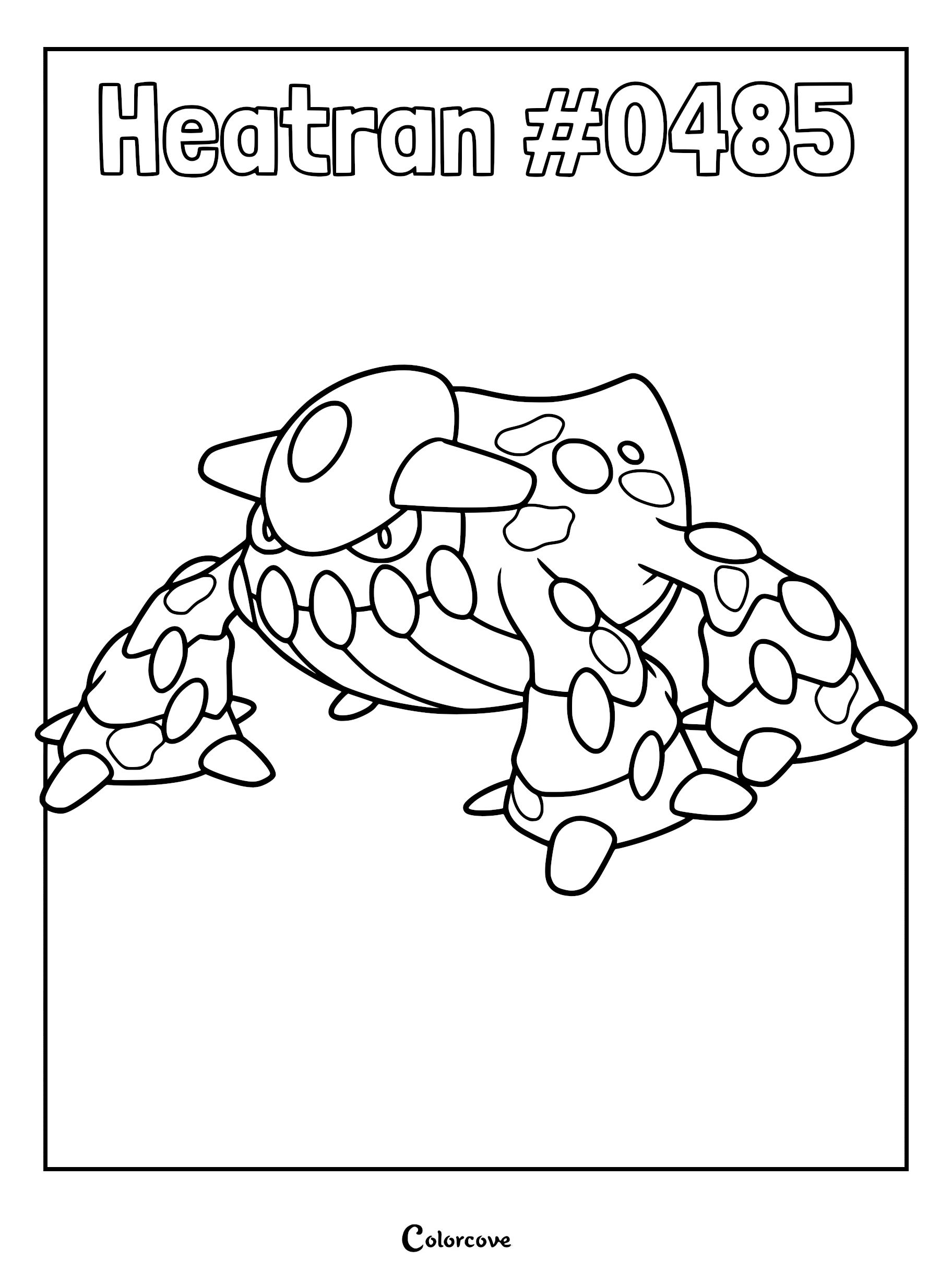 Heatran #0485 from Sinnoh region in a detailed black and white line art coloring page